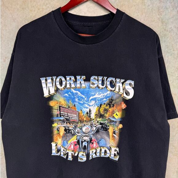 Y2K Work Sucks Lets Ride Biker T Shirt Sz XL Black Cabot Trail Canada - Picture 6 of 6